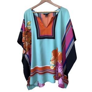 ASHLEY STEWART Womens Size 26/28 Kimono Peasant Tunic Cover Up Border Print Top